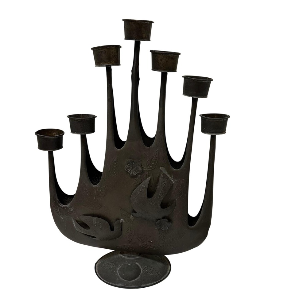 Vtg Gene Byron Mexican Brutalist 7 Cup Candelabra Bird Floral Brass Sculpture - Picture 1 of 13